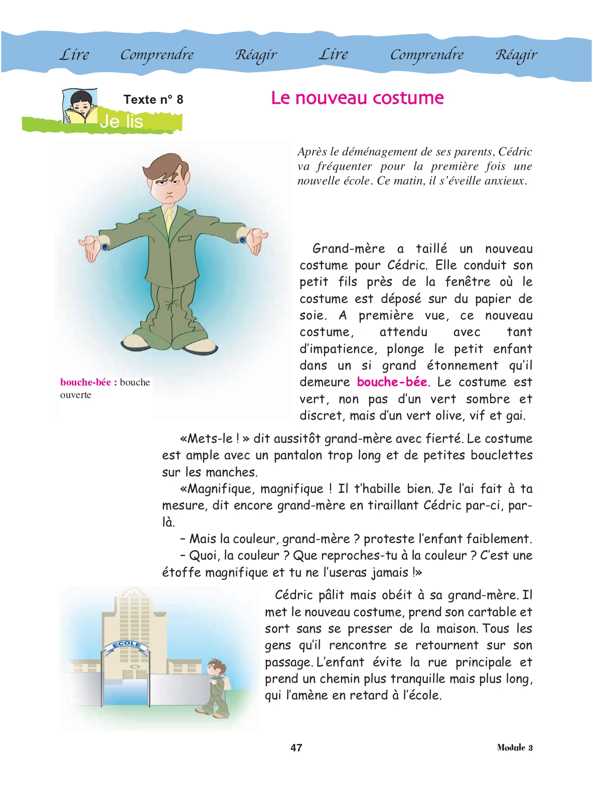 Page 47 du manuel : Cédric et son costume vert, texte du début de l'histoire